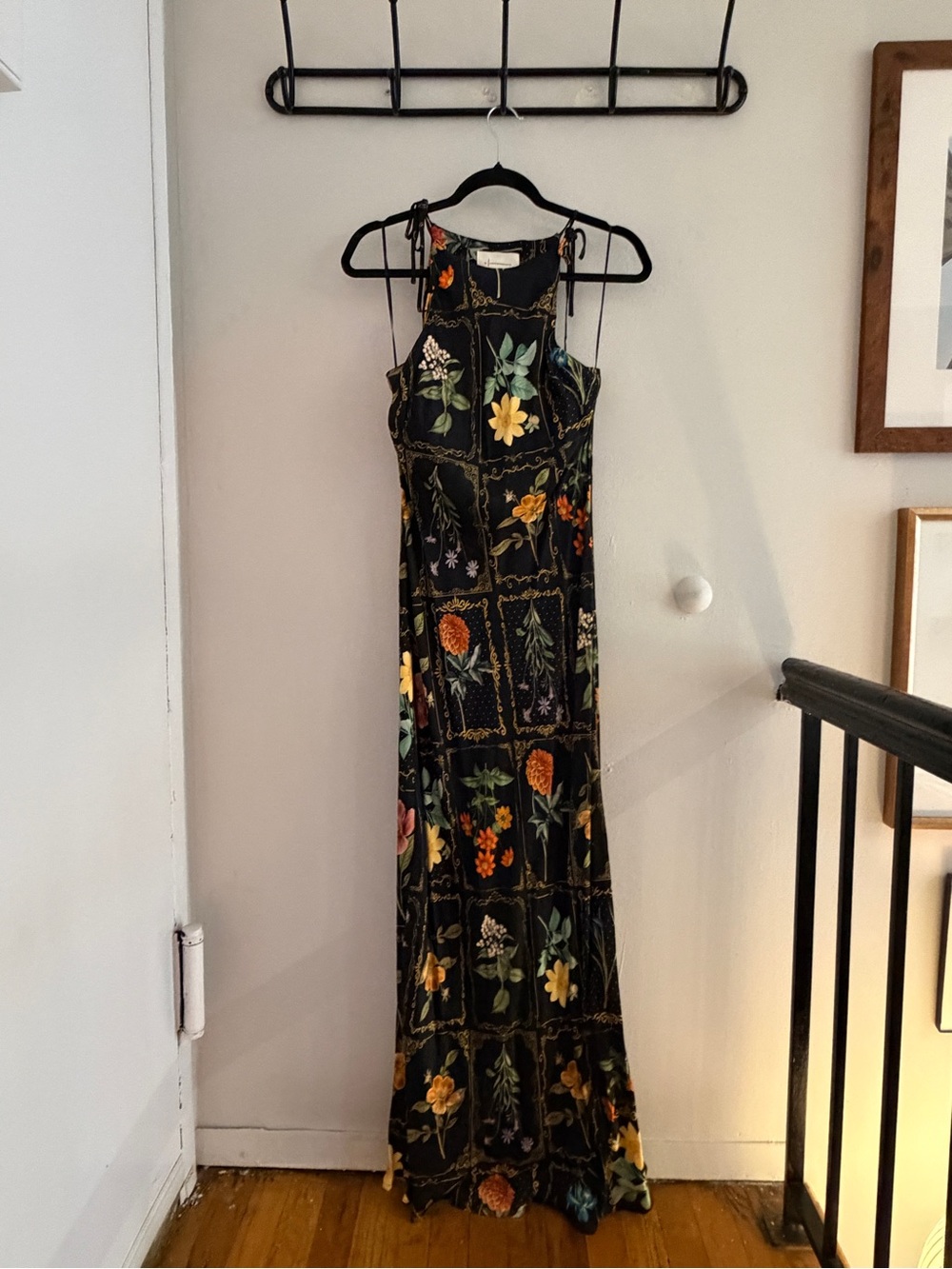 Anthropologie Black Floral Maxi Dress with Yellow and Green Motifs